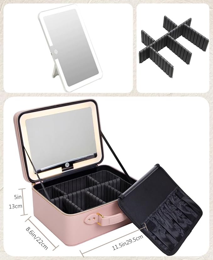 ZhenGuiRu Leather Makeup Bag with Lighted Mirror, 11.5'' Travel Makeup Organizer Bag with Adjustable 3 Colors Light and Dividers, Cosmetic Organizer Artist Storage Bag Pink