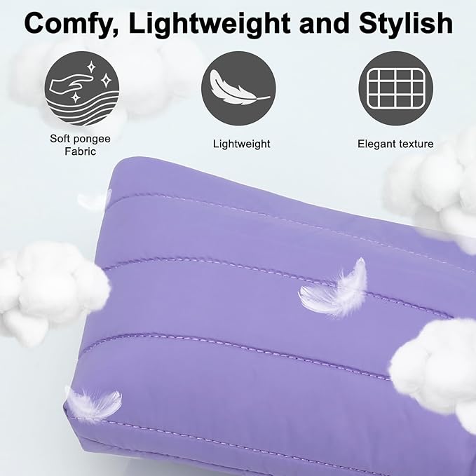 DOB SECHS Striped Quilted Makeup Bag with Wristlet Handle Cute Puffy Cotton Cosmetic Bag for Women Small Puffer Toiletry Zipper Make Up Pouch Quilt Clutch Bag Travel Organizer Storage Pouches, Purple