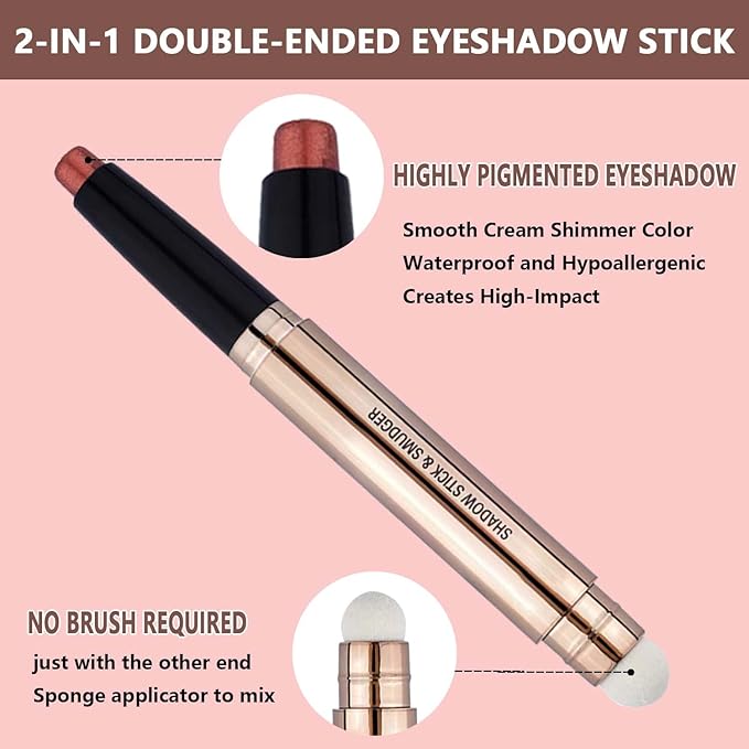 LGSZGDCN 2 in 1 Eyeshadow Stick and Brush, Smooth Cream Shimmer Shadow Pencil, Long Lasting Waterproof Eye Shadow Highlighter, Hypoallergenic, Multi-Dimensional Eyes Look
