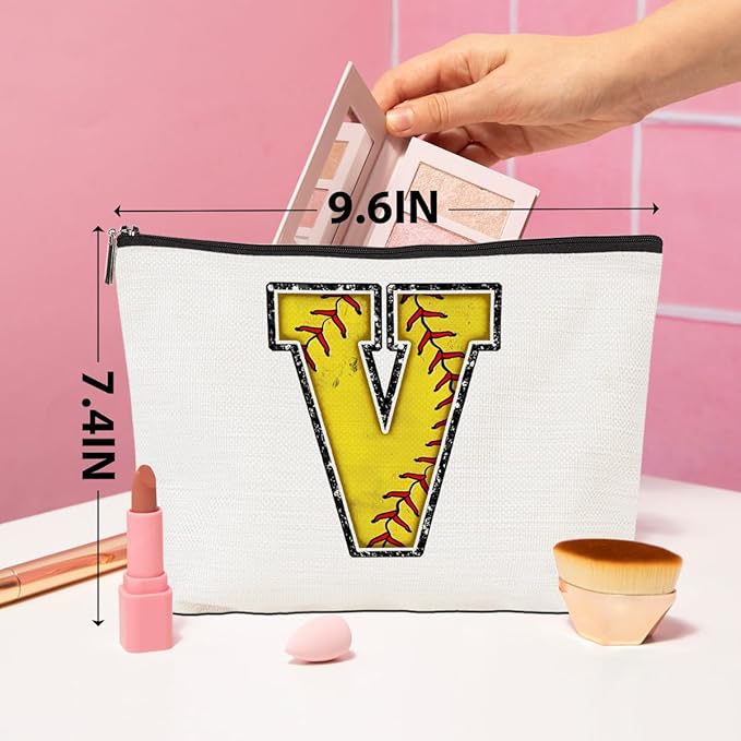 Softball Gifts Initial V Makeup Bag Softball Gifts for Team Cosmetic Bag