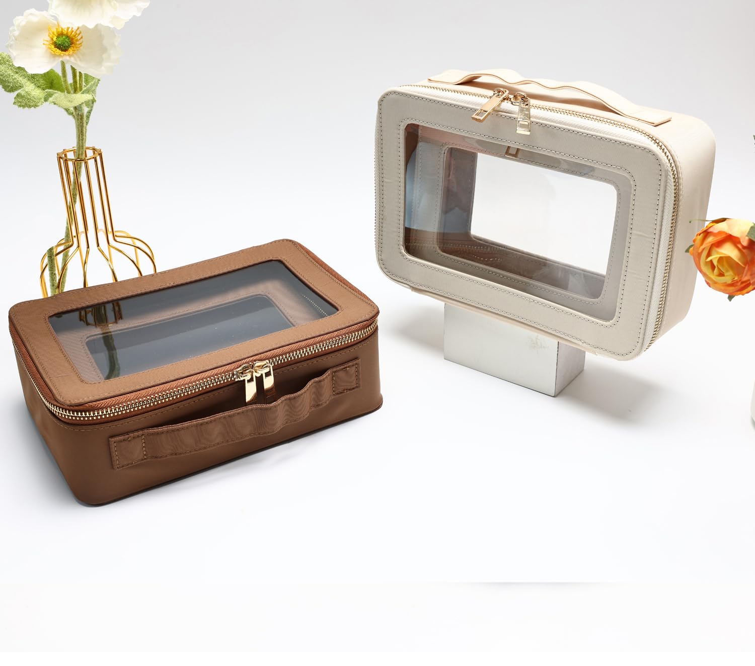 SANHECUN Cosmetic Case with Zipper TSA Approved Storage Box Travel Organizer Pouch Toiletry Portable Makeup Bag Cosmetic Set (2, Brown)