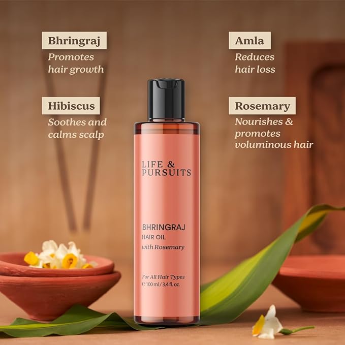 Life & Pursuits Bhringraj Hair Oil, 3.4 Fl Oz – Ayurvedic Hair Growth Oil for Men & Women, Natural Scalp Oil for Hair Fall, Dry Itchy Scalp, Frizzy Curly Hair, Weak Roots, Rosemary, Amla & Tea Tree