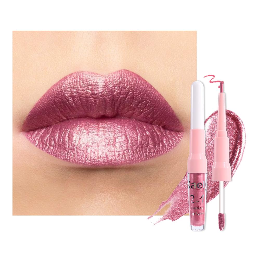 evpct Warm Pink Metallic Glitter Lip Liner and Lipstick Combo Lip Gloss Stain Set Makeup for Women Long Lasting Waterproof 24, Baby Pink Metallic Shimmer Frosted Iridescent Glossy Liquid Lipstick 12