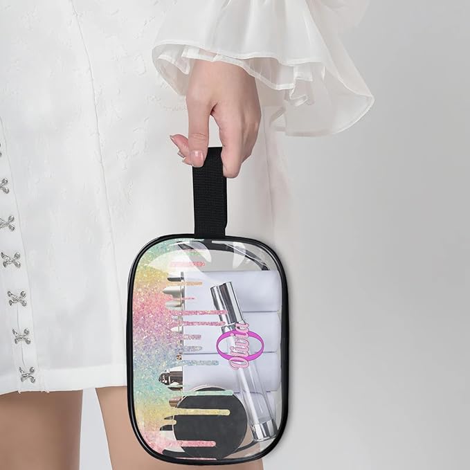 KFNHN Personalized Name Makeup Bag, Custom Women Transparent PVC Cosmetic Travel Toiletry Bag Pouch Organizer for Vacation Weekend Colorful Rainbow Sequins Water Fluid Shape