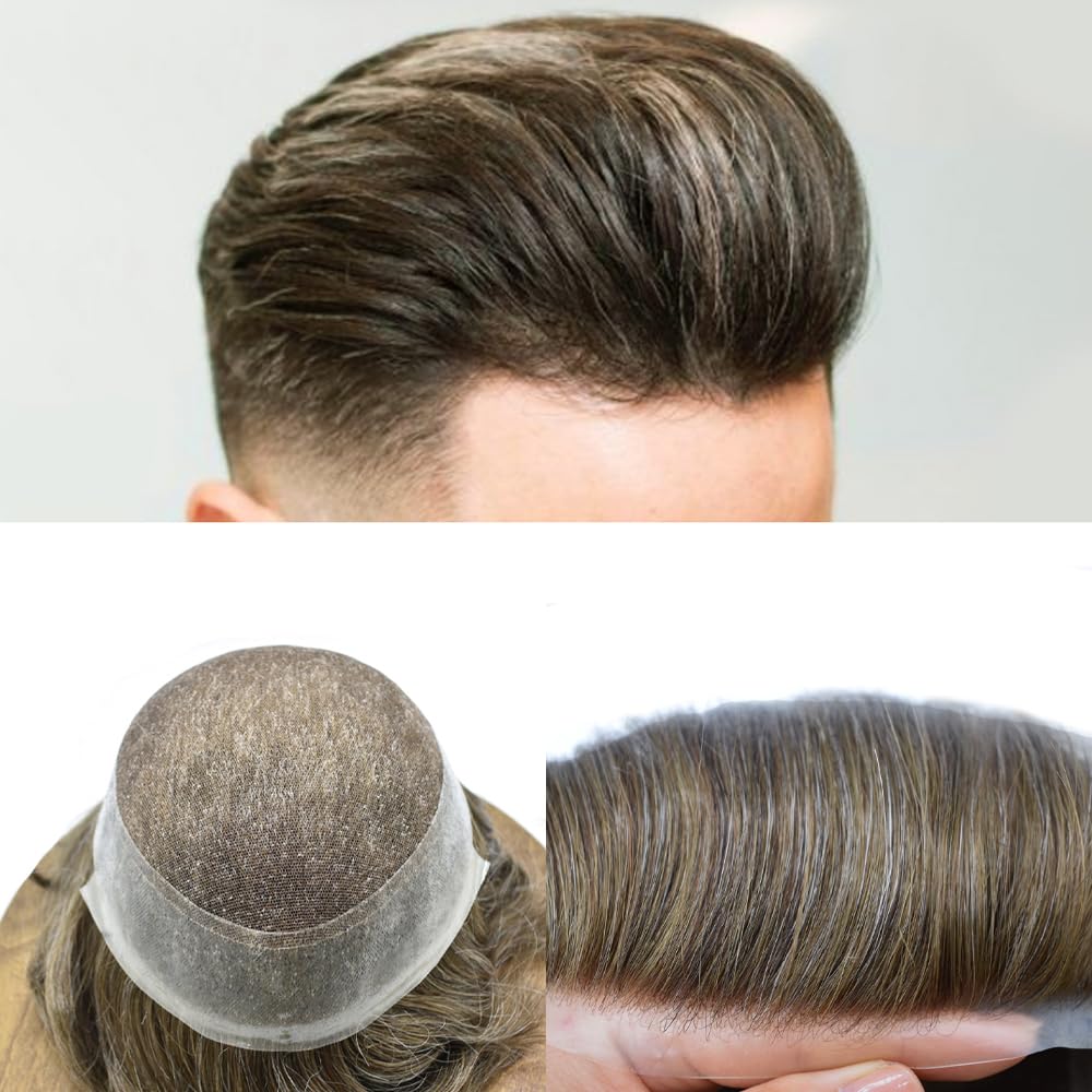 FACE MIRACLE Toupee for Men French Lace Hairpiece Human Hair Replacement System Skin PU Mens Toupee Hair Wigs for Man V-Looped Front Hair Prosthesis 6"X8" 4# MEDIUM BROWN — 8X10