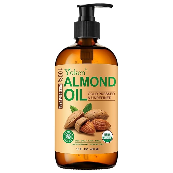 Yoken Organic Almond Oil 16 oz Glass Bottle, Cold Pressed for Skin & Hair