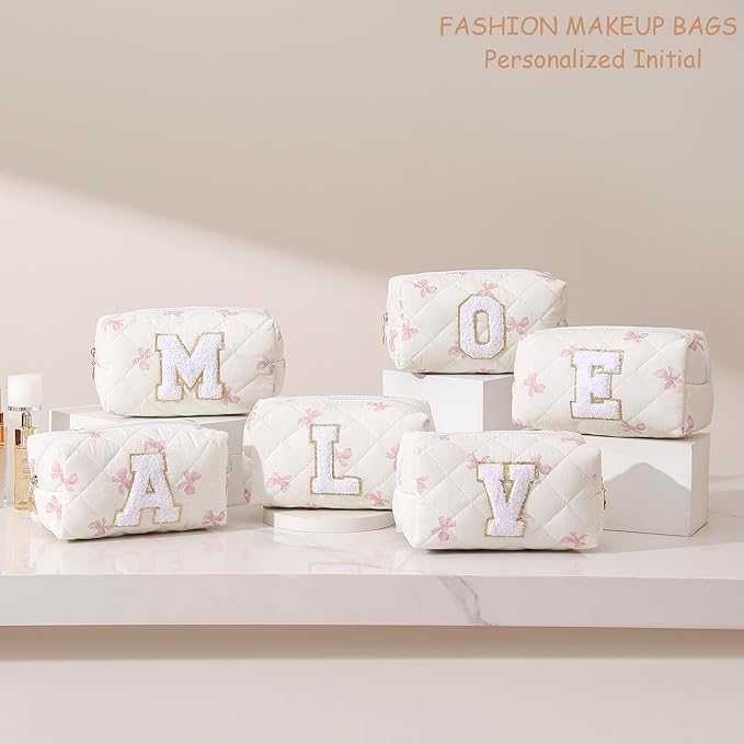 Gleyemor Personalized Initial Makeup Bag for Women, Cute Quilted Pink Floral Cotton Cosmetic Bag, Christmas Gifts for Her Mom Friend Sister Bridesmaid Teacher Women W