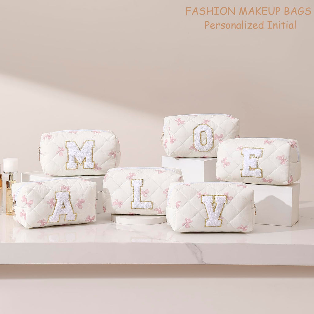Gleyemor Personalized Initial Makeup Bag for Women, Cute Quilted Pink Floral Cotton Cosmetic Bag, Christmas Gifts for Her Mom Friend Sister Bridesmaid Teacher Women O