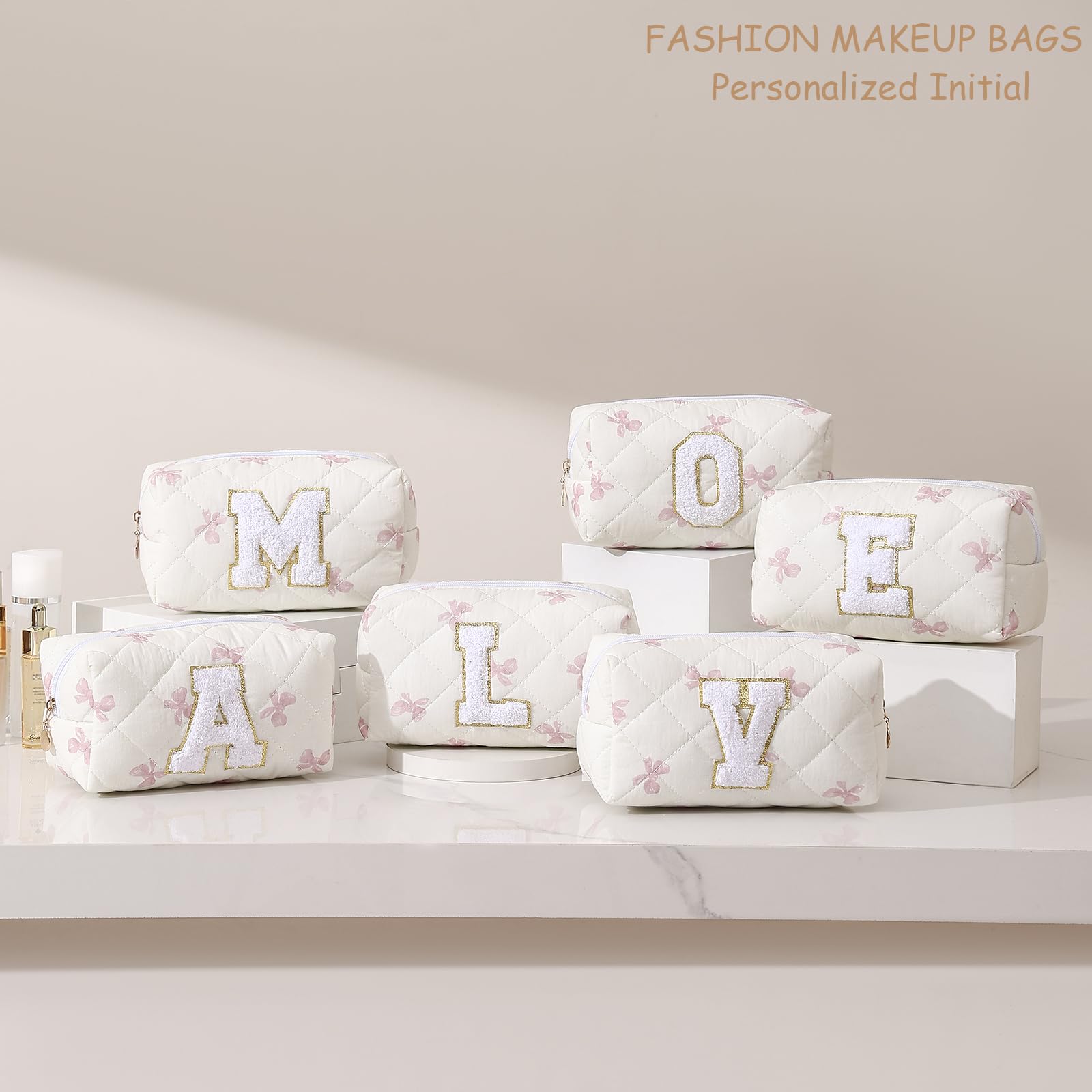 Gleyemor Personalized Initial Makeup Bag for Women, Cute Quilted Pink Floral Cotton Cosmetic Bag, Christmas Gifts for Her Mom Friend Sister Bridesmaid Teacher Women O