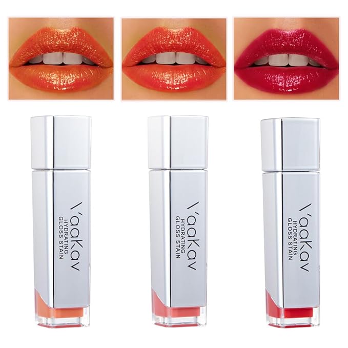 VaaKav Glossy Lip Stain – Hydrating Tinted Lip Oil Stain with High-Shine Gloss Finish, Non-Sticky Moisturizing Lip Tint, Long-Lasting Stain for Soft & Plump Lips(02 PEACH BANG)