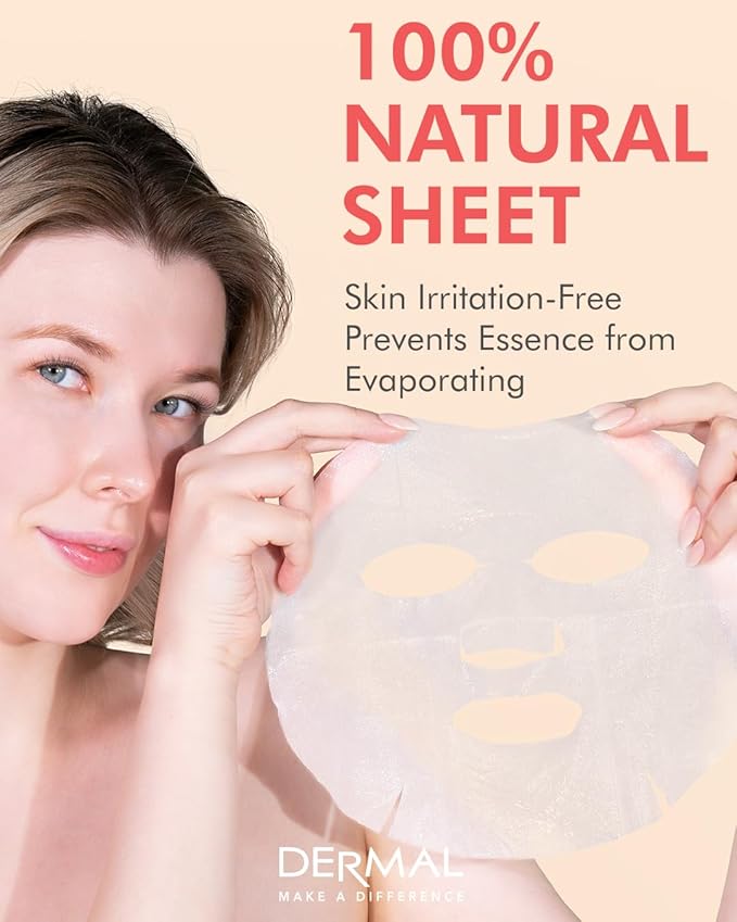 DERMAL Strawberry Collagen Essence Facial Mask Sheet 23g Pack of 10 - Pore Tightening & Sebum Control for Oily Skin, Hydrating Daily Skin Treatment Solution Sheet Mask