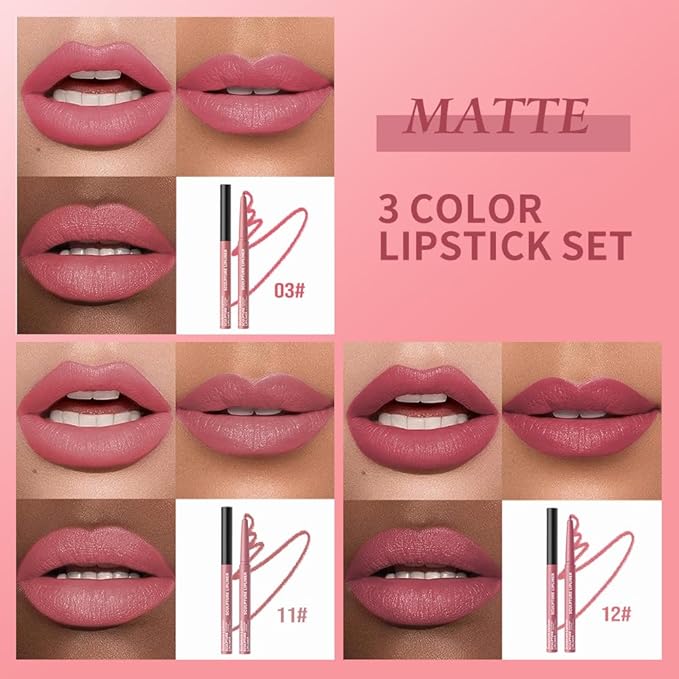Hxssll 12 Colors Matte Lip Liner Pencil – Long Lasting Waterproof Lip Liner, Smudge Proof Transfer Proof Lip Pencil, High Pigment Lip Makeup for Defining & Filling Lips (A2-set:03+11+12, 3PCS)