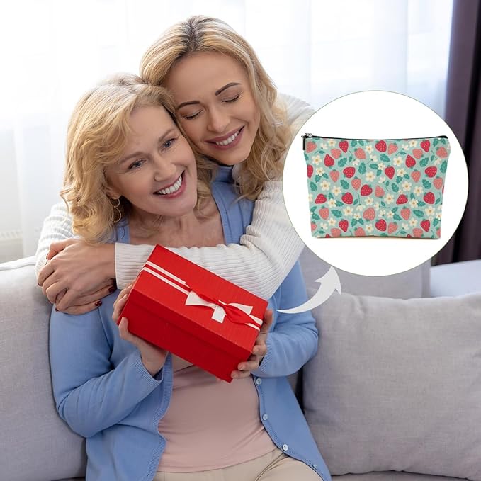 DHKG Cute Flowers Strawberry Makeup Bag Floral Cosmetic Bag Friend Friendship Gifts for Women Girls Sister Mom Coworker Botanical Travel Organizer Zipper Pouch Christmas Thanksgiving Birthday Gifts