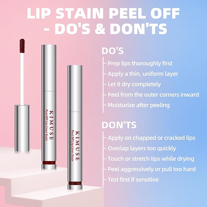KIMUSE Peel Off Lip Stain, 24H Long Lasting, Waterproof & Transfer-Proof Matte Lip Tint with Vitamin E, 3 Colors, Vegan & Cruelty-Free for Sensitive Skin, Ideal for Daily & Date Looks