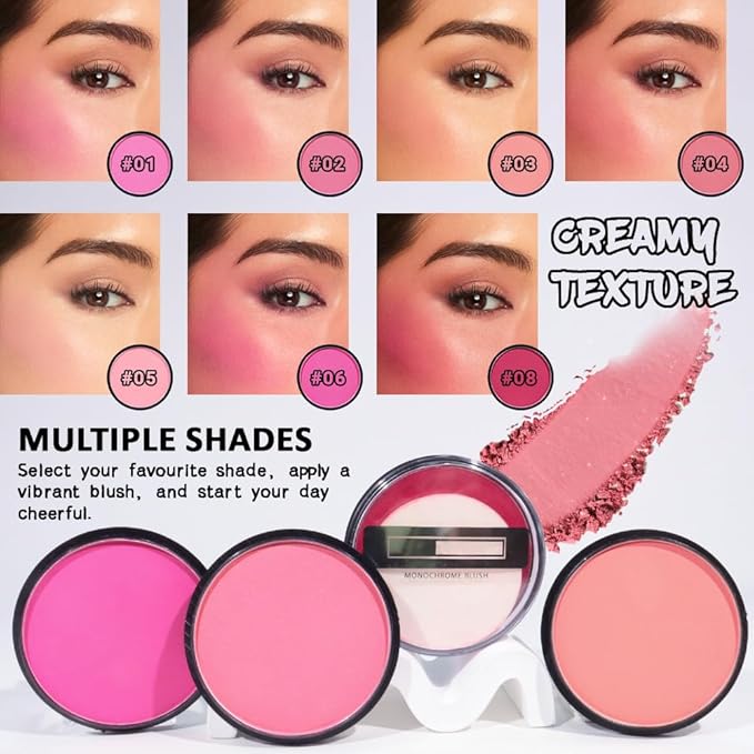 HHLTOH Natural Single Matte for Face Cheeks Blush with Makeup Powder Puff, Warm Orange Red Monochrome Blush Cream Powder Makeup Palette Blushes Long-lasting Blendable Foundation for Women Every Day 04