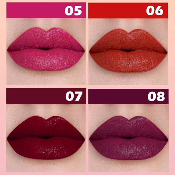 IATMOMOD 4Pcs Matte Lipstick Set for Women, Hot Pink Orange Red Maroon Plum Purple Vegan Lip Bar, Long Lasting Waterproof Transfer-Proof 24H Moisturizing All-Day Lip Color SetA02#