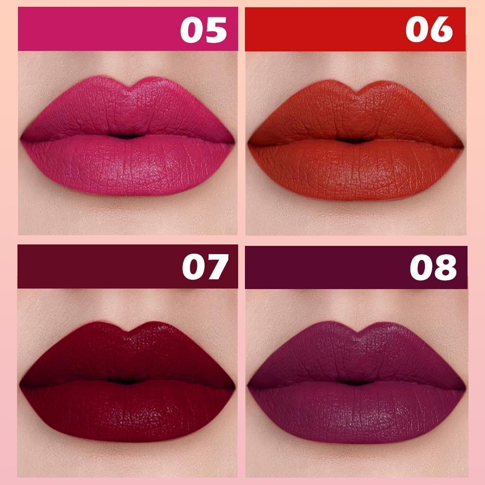 IATMOMOD 4Pcs Matte Lipstick Set for Women, Hot Pink Orange Red Maroon Plum Purple Vegan Lip Bar, Long Lasting Waterproof Transfer-Proof 24H Moisturizing All-Day Lip Color SetA02#