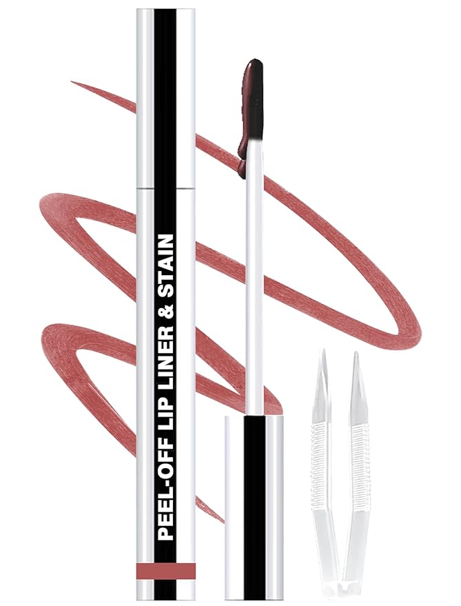 QCMME Lip Liner Stain Peel Off with Tweezer, Long Lasting Matte Lip Tattoo, Highly Pigmented Color Lip Tint Makeup, Waterproof, Transfer-proof Lipstain for Women, for All Skin Types Rose Pink