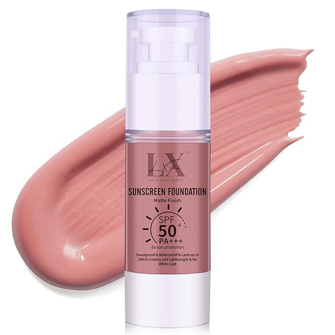 LXSKN Tinted Face Sunscreen - Waterproof & Lightweight Liquid Foundation with SPF 50++, 3-in-1 Full Coverage Foundation Smooths & Blurs Pores, 403 Deep