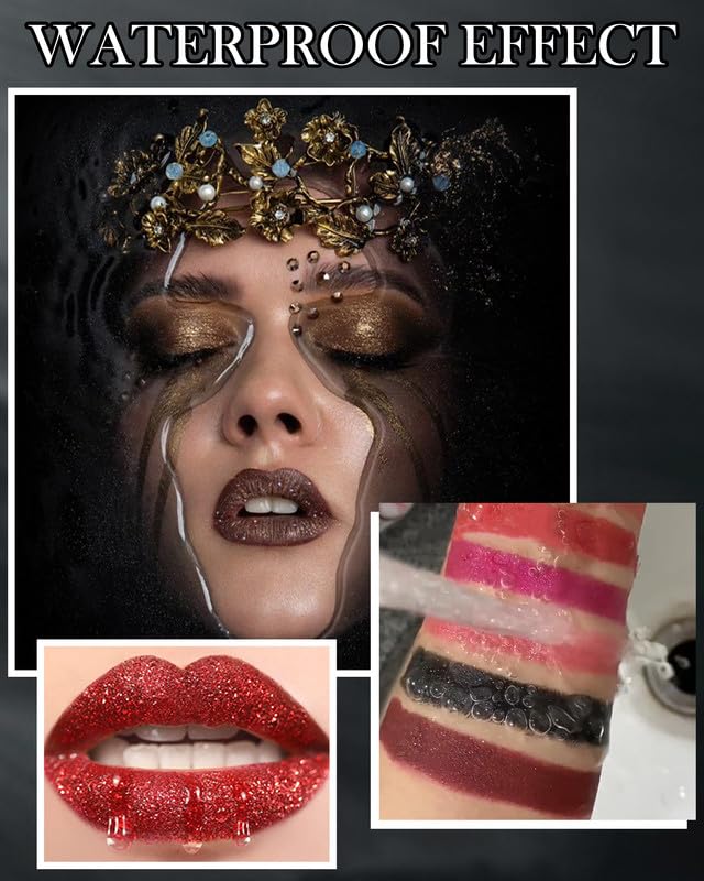 Black Glitter Lipstick,Waterproof Shimmer Lip Gloss,Halloween Gothic Makeup