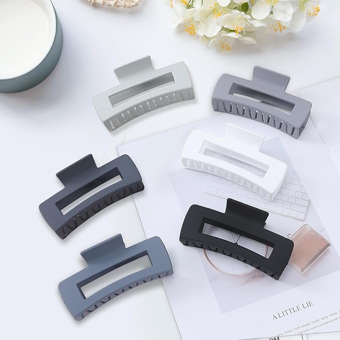 Sisiaipu 4 Inch Big Hair Claw Clips 6 Pcs Large Claw for Thick Hair Square Hair Clips for Women Rectangle Hair Clips Nonslip Acrylic Banana Jaw Clips Hair Accessories for Girls (Grey)