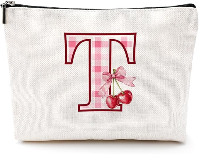 CQM Cherry Bag Initial T Makeup Bag Cherry Gifts for Women Cosmetic Bags
