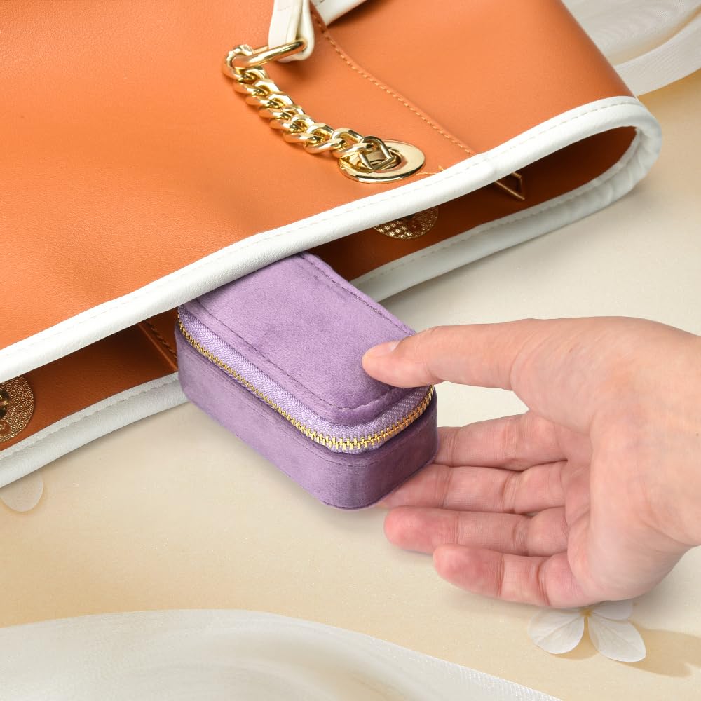 TAIMY Small Travel Jewelry Case, Mini Tiny Plush Velvet Jewelry Box for Women and Girls, Pocket Size Jewelry holder organizer for Rings Earrings and Small Items(Lavender)
