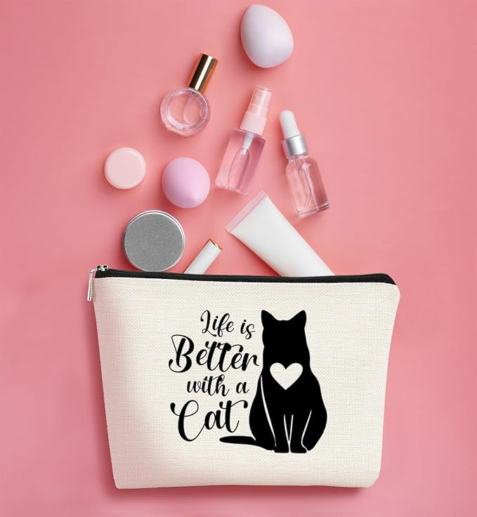 BARPERY Cat Mom Gifts: Makeup Bag for Women, Perfect for Birthday or Valentine's Day, Life's Better with Cats