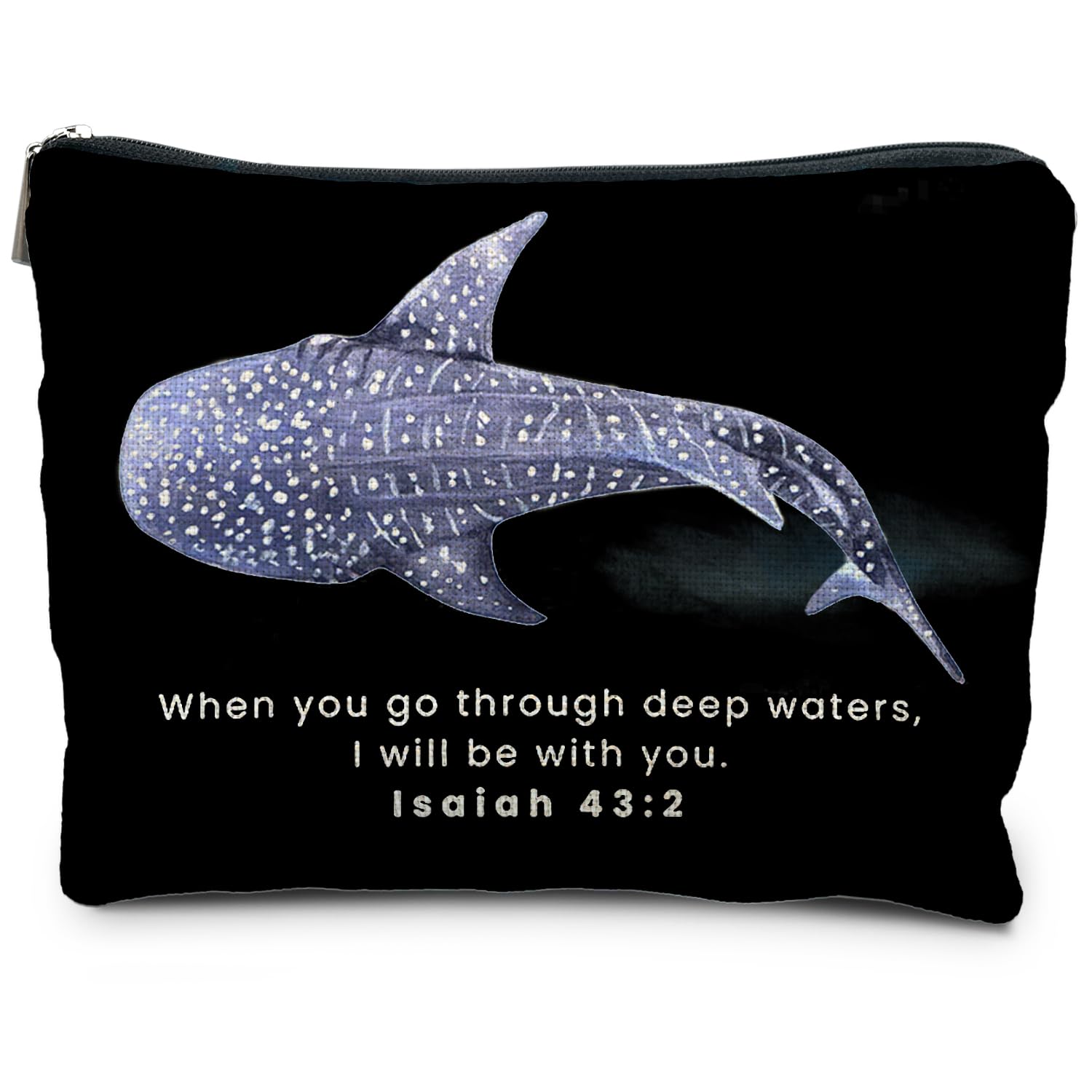 RYYCDOI Whale Shark Christian Makeup Bag Pouch, Christian Shark Gifts for Women, Bible Verse Gifts Isaiah 43:2, When you go through deep waters I will be with you(black)
