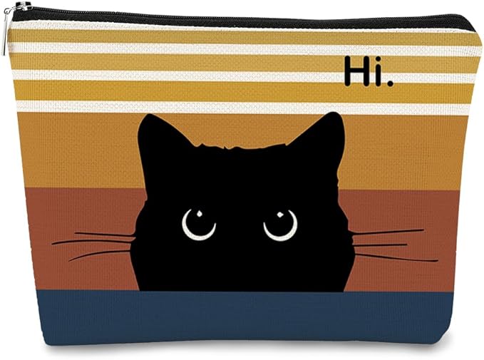BARPERY Cute Cat Makeup Bag, Black Cat Kitty Cosmetic Pouch, Sunset Color
