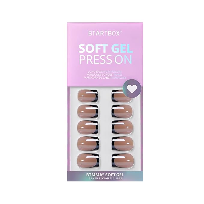 BTArtbox Press On Nails, Braveheart, Short Square, Black French Tip, 30Ct