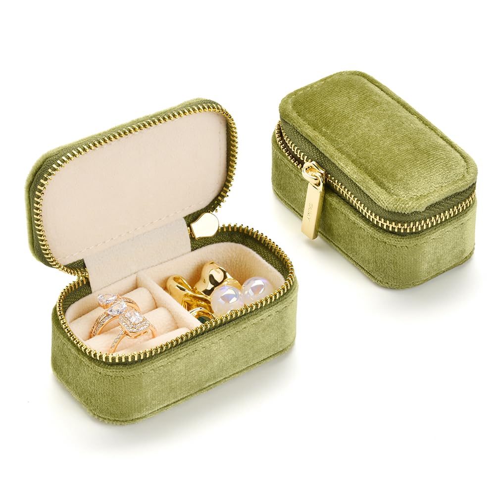 TAIMY Small Travel Jewelry Case, Mini Tiny Plush Velvet Jewelry Box for Women and Girls, Pocket Size Jewelry holder organizer for Rings Earrings and Small Items(Mistletoe Green)