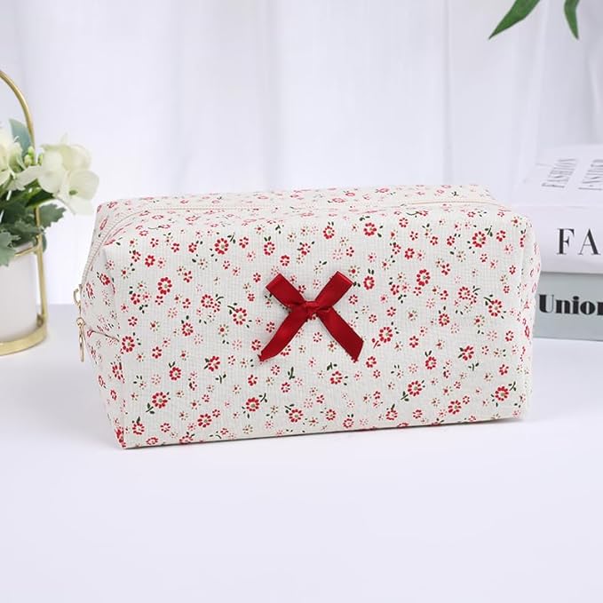 OIMEI Floral Quilted Pouch Cotton Makeup Bag for Women, Large Capacity Travel Cosmetic Pouch with Zipper, Cute Toiletry & Brush Organizer, Kawaii Makeup Storage Case – Red Floral