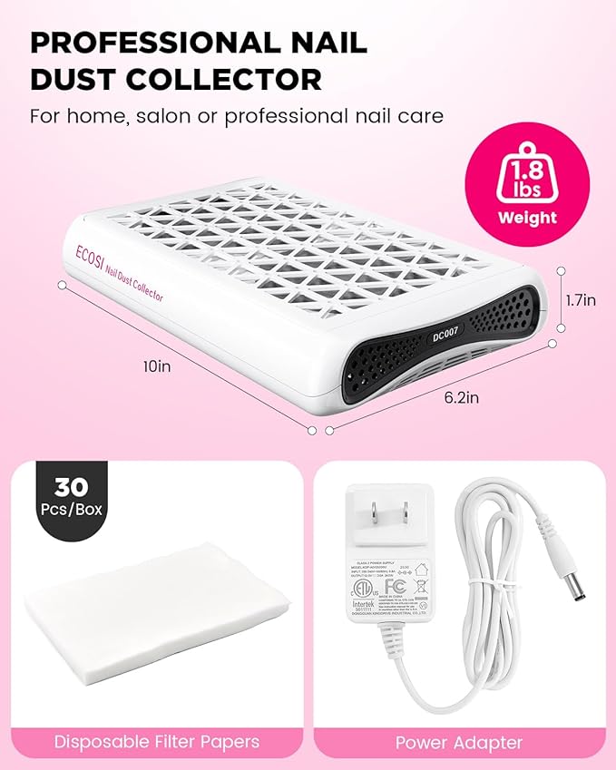 ECOSI Nail Dust Collector, 8000RPM & 1600PA Dual Turbo Professional Vacuum Fan Dust Extractor with 30 Pcs Filter Papers, Stepless Adjustable Suction for Manicure, Salon Nail Tech & Home (White)