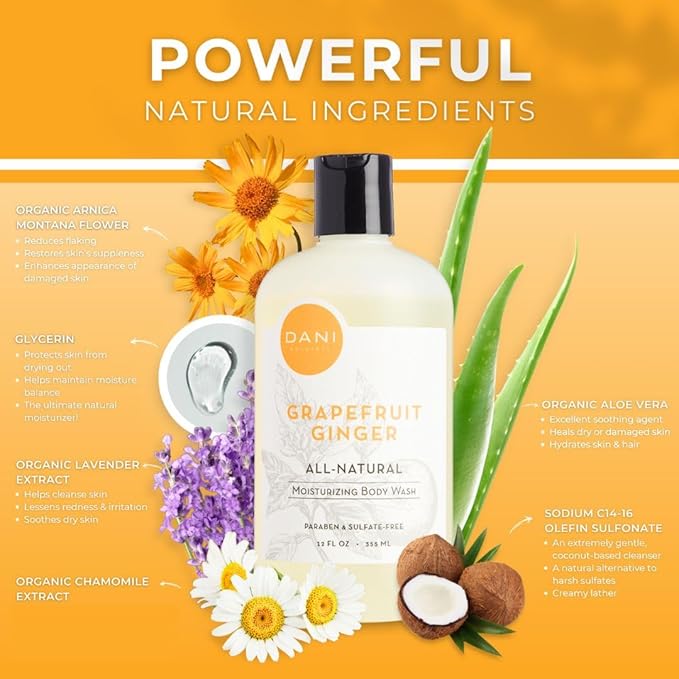 DANI Naturals Grapefruit Ginger Body Wash, Sulfate-Free and Vegan, 12 fl oz