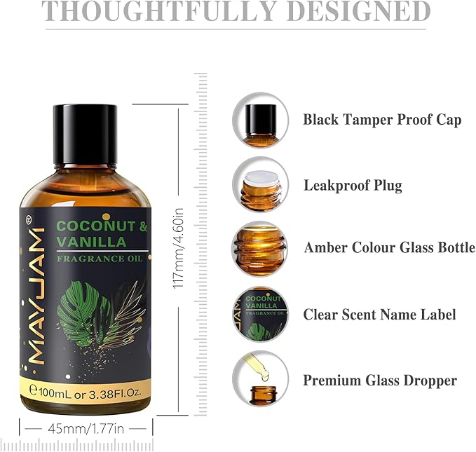 MAYJAM Coconut & Vanilla Fragrance Oil for Diffusers, 100ML/3.38FL.OZ