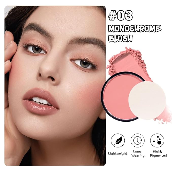 HHLTOH Natural Single Matte for Face Cheeks Blush with Makeup Powder Puff, Nude Skin Monochrome Blush Cream Powder Makeup Palette Blushes Long-lasting Color Blendable Foundation for Women Every Day 03