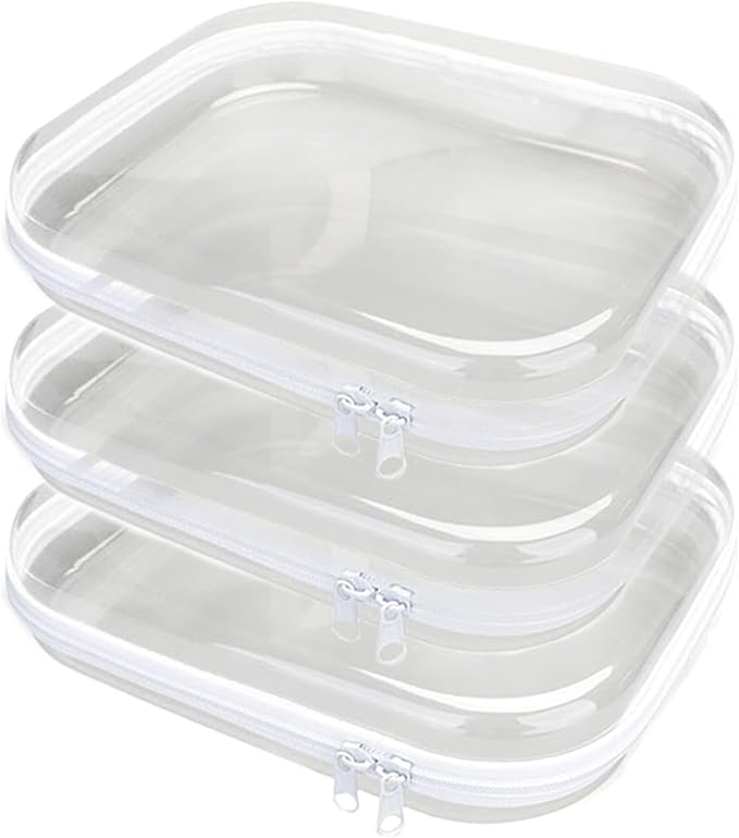 PGAXM 3PCS Clear Hard Plastic Zipper Case, Double Zippers Hard Pouch, Portable Travel Organizer Bin Clear Makeup Bag for Toy Storage, Snack Bag, Cosmetics, Diaper Bag, Toiletry Bag (3PCS-M)