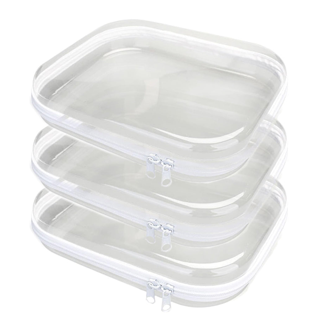 PGAXM 3PCS Clear Hard Plastic Zipper Case, Double Zippers Hard Pouch, Portable Travel Organizer Bin Clear Makeup Bag for Toy Storage, Snack Bag, Cosmetics, Diaper Bag, Toiletry Bag (3PCS-M)
