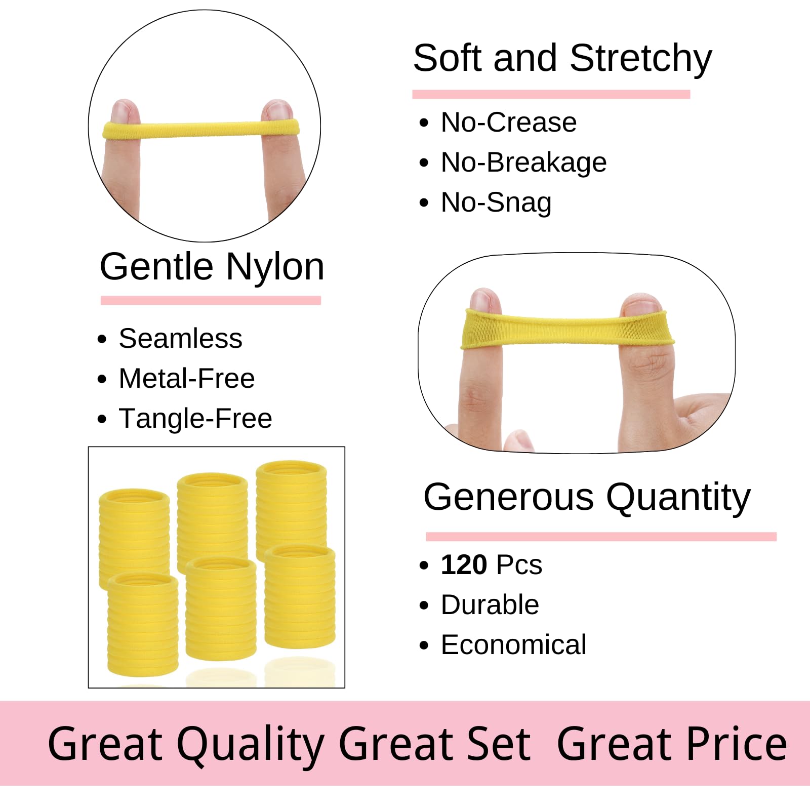 LuSeren 120 Pcs Yellow Hair Ties for Women, No Damage Soft Seamless Nylon Hair Elastics for Thick Hair, Ponytail Holders, Solid Yellow Hair Accessories