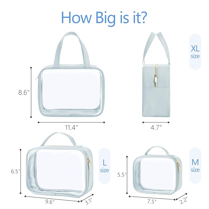 PACKISM Clear Makeup Bag Travel - TSA Approved Toiletry Bag, 3 Grayish Blue