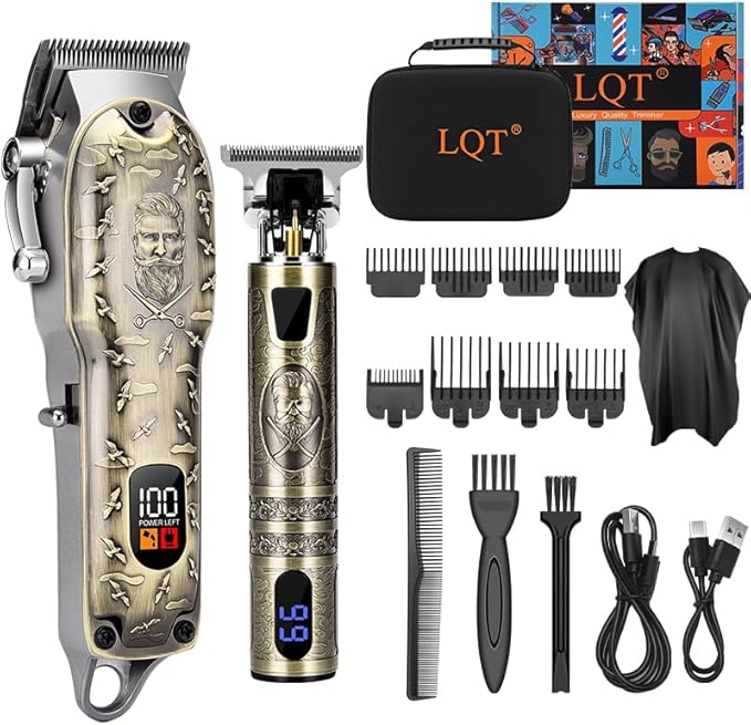 LQT Professional Hair Clipper Set, Digital Display Trimmer Kit with Accessories, Barber Case and Cape, Vintage Design