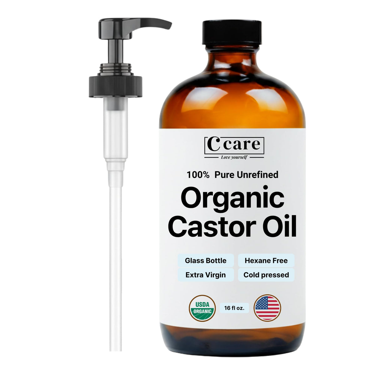 Castor Oil 100% Pure Organic Cold Pressed Unrefined Glass Bottle | USDA Certified Organic | Hexane Free Extra Virgin | for Hair Growth Eyebrows Eyelashes Skin and Castor Oil Pack Wrap