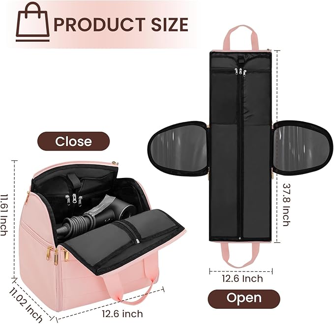 Wig Storage Bag Holds 3 Wigs Hair Tools Travel Bag Full-Open Breathable Organizer Case for Clips, Hair Dryer, Flat Curling Iron Brushes,Cosmetic Toiletry Tote Valentine's Gift for Women Stylist
