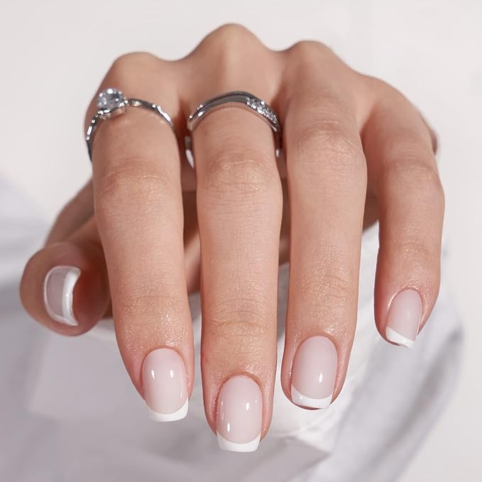 BTArtbox Press On Nails, Classic French, Short Square, White Nude, 30Ct