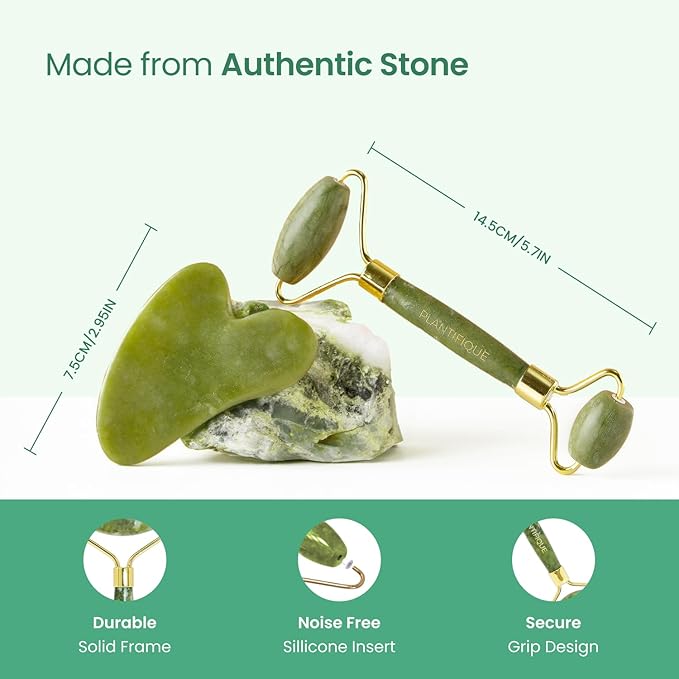 PLANTIFIQUE Jade Roller & Gua Sha Facial Tool Set, Certified Face Massager