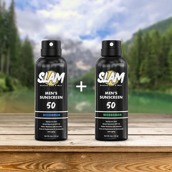 SLAM WoodsMan & BeachMan Bundle - Men's Scented Sunscreen, Sunblock, Sunscreen Spray, Water Resistant, Paraben Free, Broad Spectrum UVA/UVB Sunscreen SPF 30, Sun Protection Factor 30