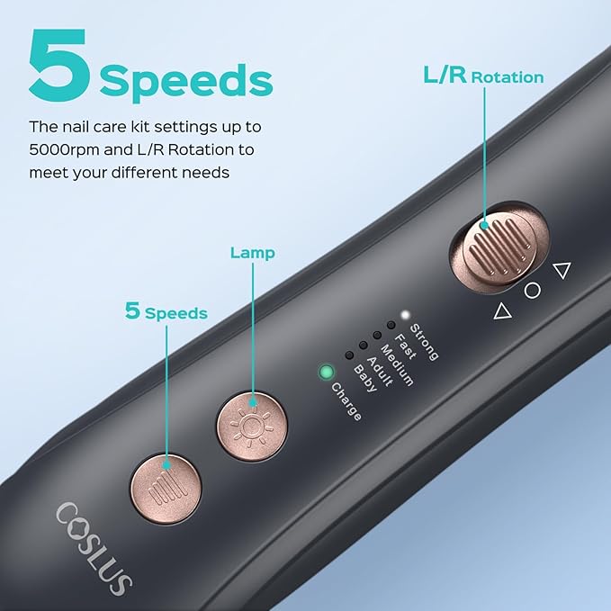 COSLUS Professional Manicure Pedicure Kit Electric Cordless Nail File Set with 5 Speed Rechargeable Nail Drill Machine for Thick Nails, Toenail Grinder Cuticle Trimmer Hand Foot Callus Remover