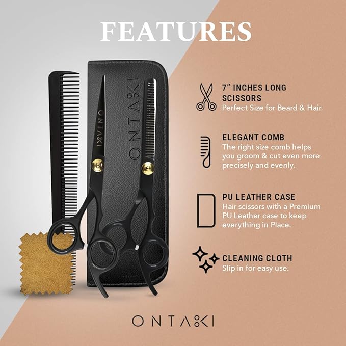 Ontaki Hair Scissors & Thinning Shears Kit - 7" Black, Japanese Steel