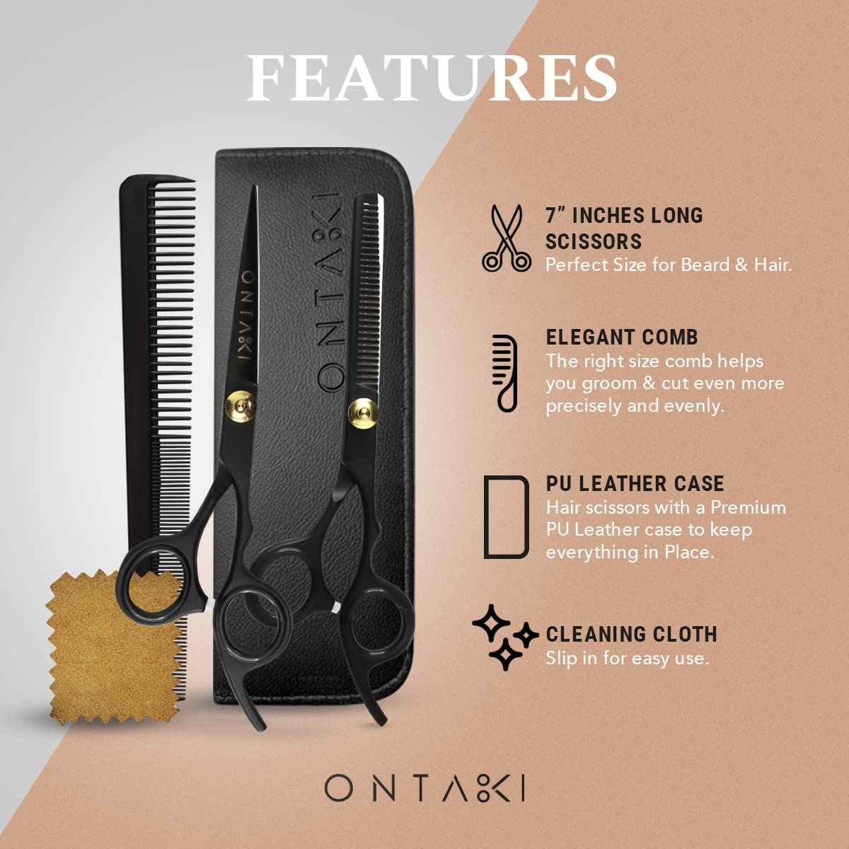 Ontaki Hair Scissors & Thinning Shears Kit - 7" Black, Japanese Steel